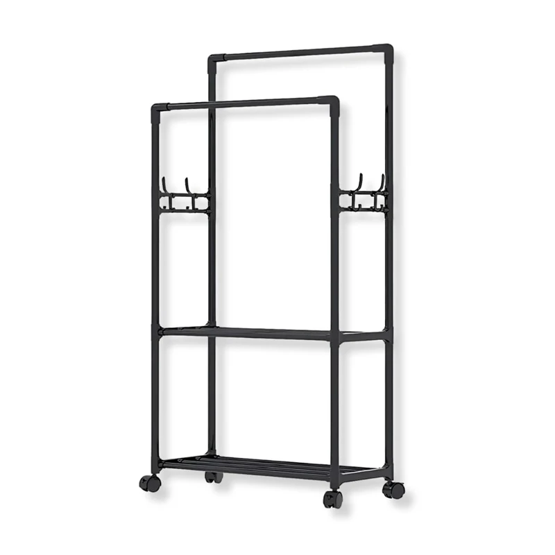 PARENCE. - Double coat rack with shelves and lockable wheels - Double bar, double shelves and 4 side hooks - 169 cm