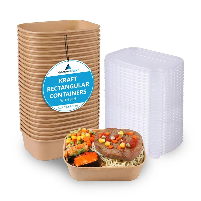 Nationwide Paper 500ml Rectangular Kraft Disposable Food Containers with Lids, 300-Pack Heavy-Duty Takeaway Boxes for Restaurants, Parties, and Meal Prep - Brown