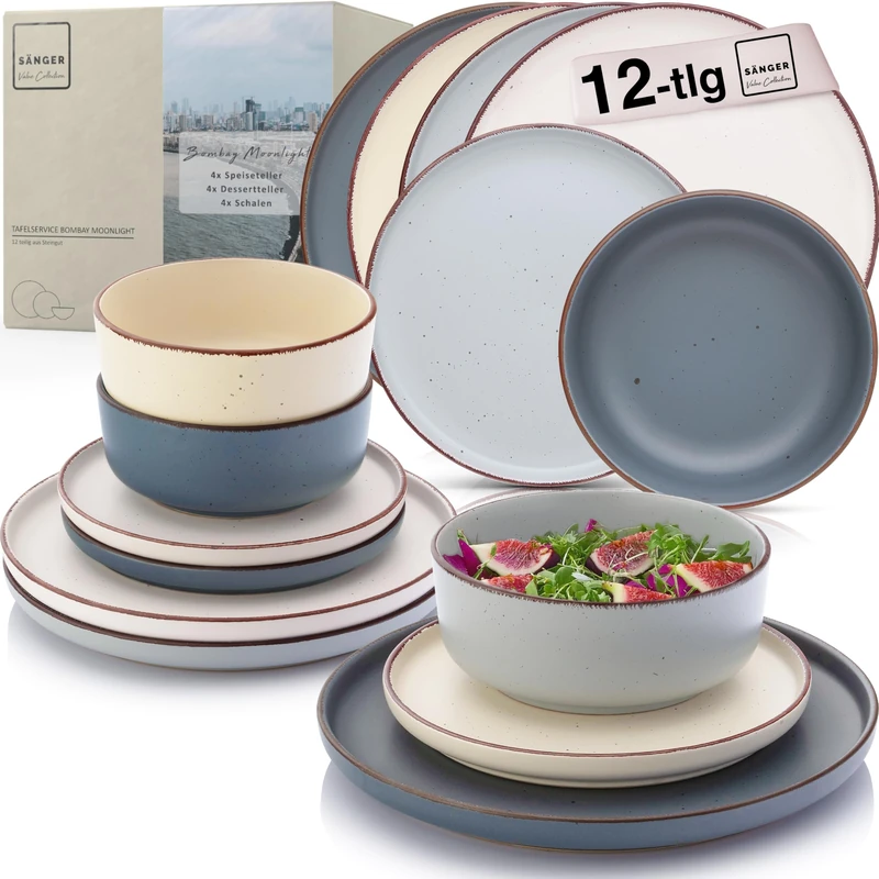 SÄNGER Bombay Moonlight 12-Piece Crockery Set, Stoneware Crockery for 4 People, 4 x Dinner Plates, 4 x Dessert Plates, 4 x Bowls, Colourful Plate Set, Value Collection