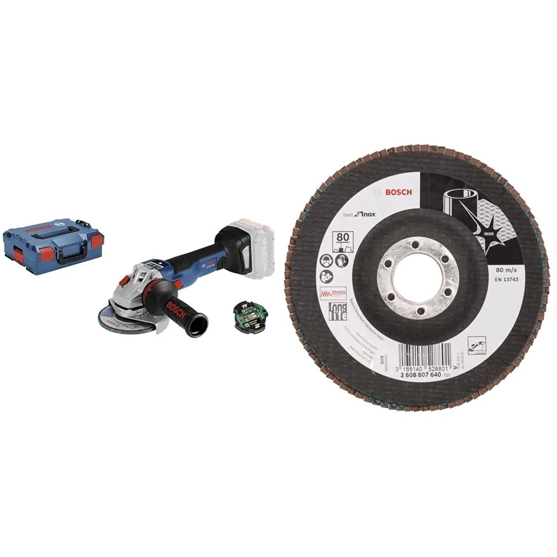 Bosch Professional 18V System GWS 18V-10 SC Cordless Angle Grinder (disc Diameter: 125 mm, incl. connectivity Module, excluding Batteries and Charger, in L-BOXX) + 125 mm Flap Disc