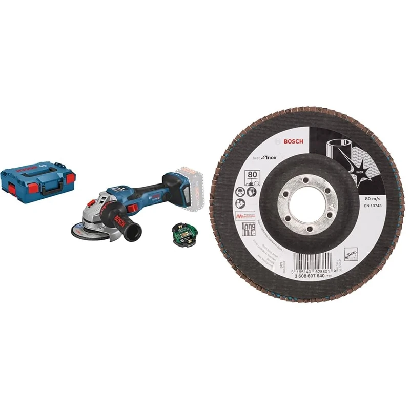 Bosch Professional BITURBO GWS 18V-15 SC Cordless Angle Grinder (125 mm disc Diameter, Adjustable Speed Levels, excl. Rechargeable Batteries, in L-BOXX 136) + 125 mm Flap Disc