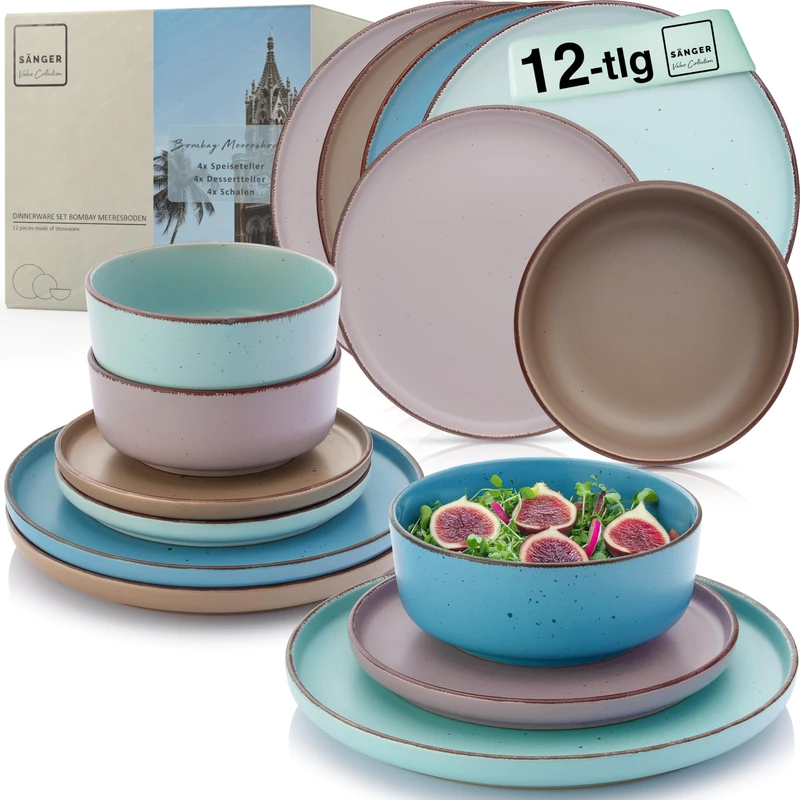 SÄNGER Bombay Seabed Crockery Set, 12 Pieces, Stoneware Crockery for 4 People, 4 x Dinner Plates, 4 x Dessert Plates, 4 x Bowls, Plate Set Colourful Value Collection