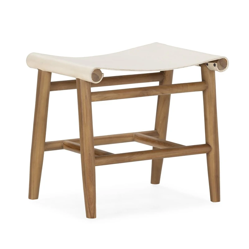 AlexandreHouse Teak Wood and White Leather Stool 50x35x45cm