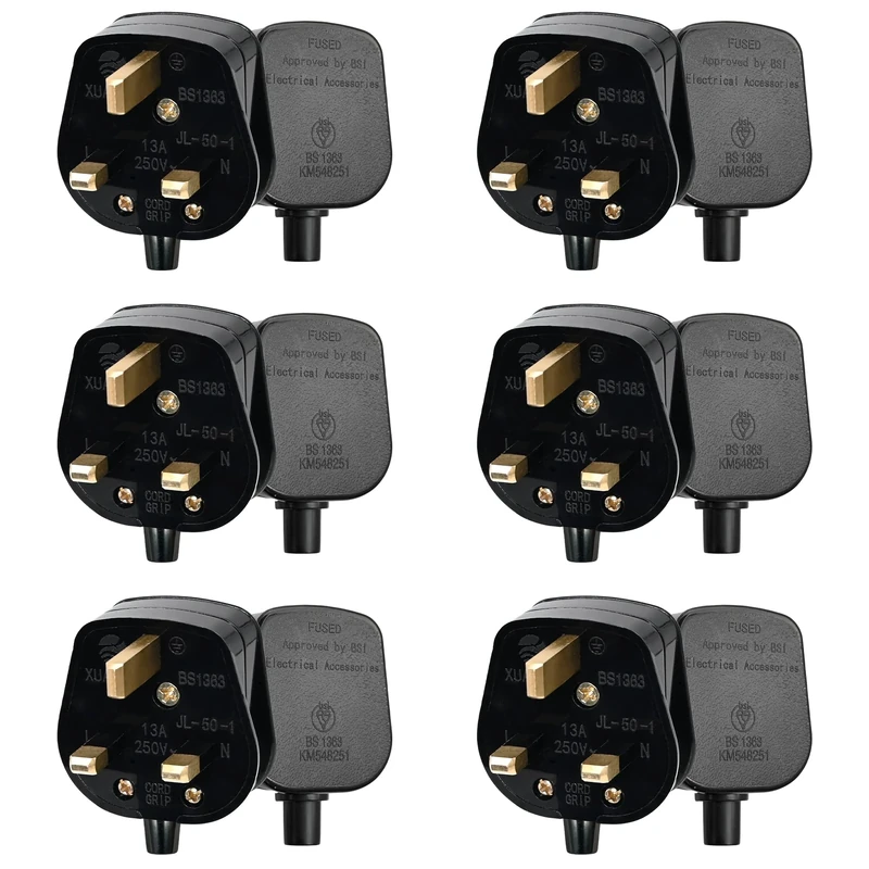 Double Dragon 13 Amp UK 3-Pin Plug | Heavy-Duty Rewireable Electrical Plug | Durable & Safe PC Flame Retardant Material | BS1363 & BSI Certified | Cord Grip for Secure Wiring (Pack of 6, Black)
