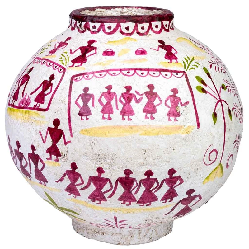 Jarron De Papel Mache Pintado Artesanal White