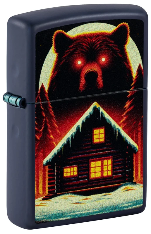 Zippo Windproof Lighter, Bear and Cabin, Navy Mat, Colour Image, Refillable, Reusable, Windproof Design, Gift Box, Made in USA