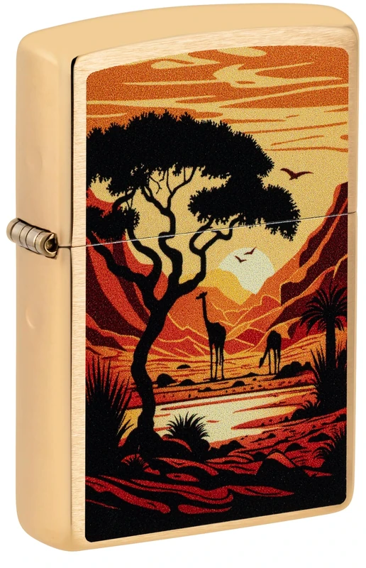 Zippo Windproof Lighter - Giraffes, Brushed Brass, Colour Image - Refillable - Reusable - Windproof Design - Gift Box - Made in USA