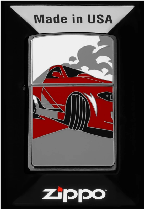 Zippo Windproof Lighter - Racing Car, Brushed Chrome, Emblem - Refillable - Reusable - Windproof Design - Gift Box - Made in USA