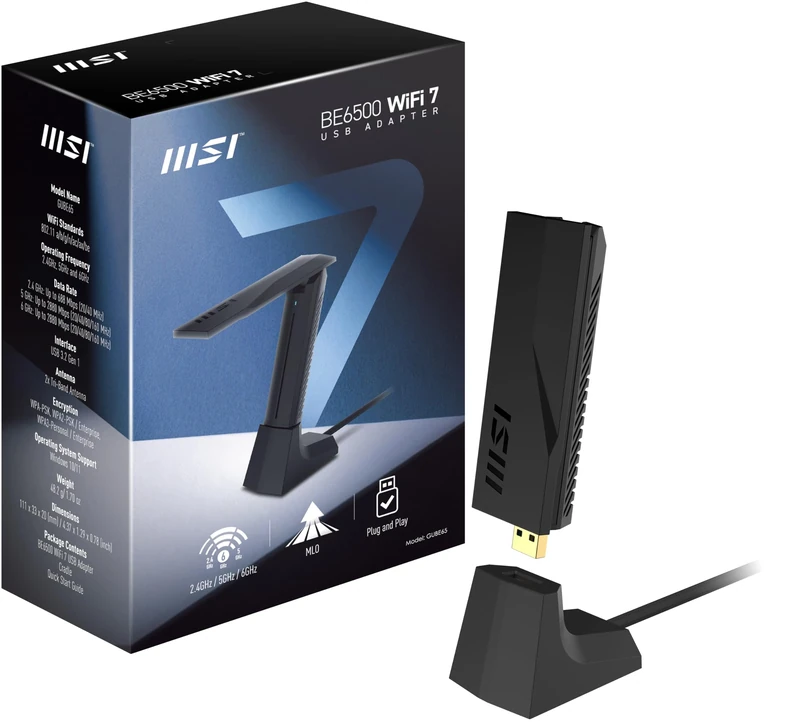 MSI BE6500 WiFi 7 Tri-Band USB Adapter, 6GHz Band, Support Multi-Link Operation (MLO), 4096-QAM, Plug and Play, WPA3 Network Security