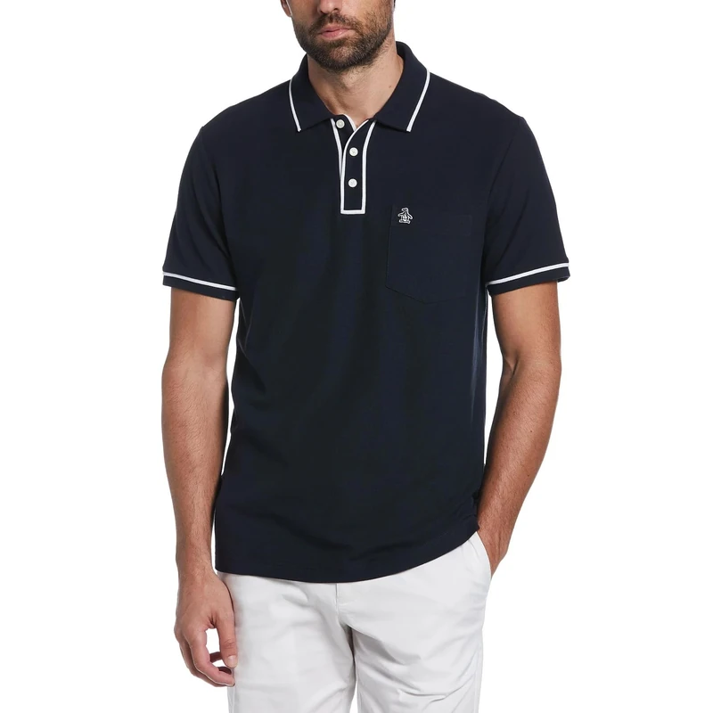Original Penguin Earl Polo Shirt Slim Fit Short Sleeve with Sticker Peter Logo Dark Sapphire