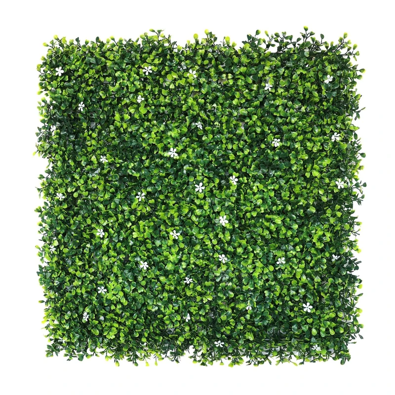 Well Home Artificial Vertical Garden Hedge Panel 100 x 100 cm, Indoor and Outdoor Decoration – with Green Leaves and White Flowers