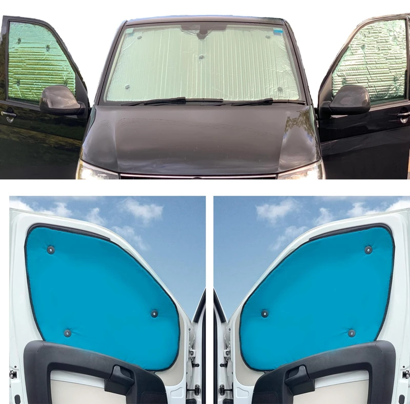 Thermal Blinds Compatible With Ford Transit Custom (First Generation) (Years 2012-2023) (Full Set LWB With Barn Doors & 2 Sliding Doors) With Backing Colour in Aqua, Reversible