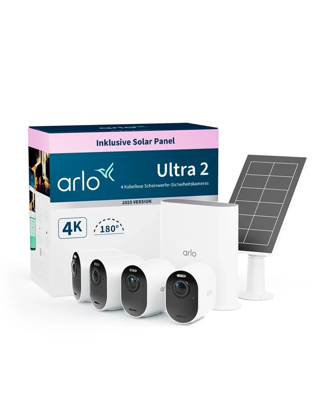 Arlo Ultra 2 Security Camera Outdoor + Solar, 4K UHD, Wireless CCTV, 6-Month Battery, Colour Night Vision, Weatherproof, Bright Spotlight, 2-Way Audio, 4 Cam Kit, Free Trial of Arlo Secure
