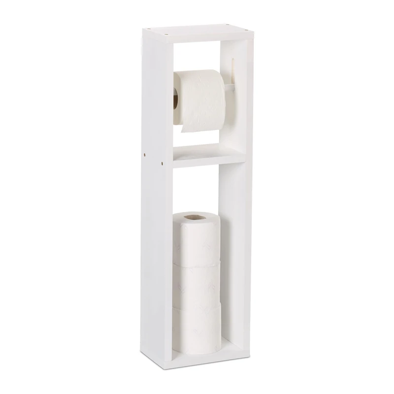 Relaxdays Toilet Paper Holder, Wall-Mounted or Freestanding, Walnut, Spare Roll Stand, HxWxD: 70 x 20 x 13 cm, White, Wood - Image 1