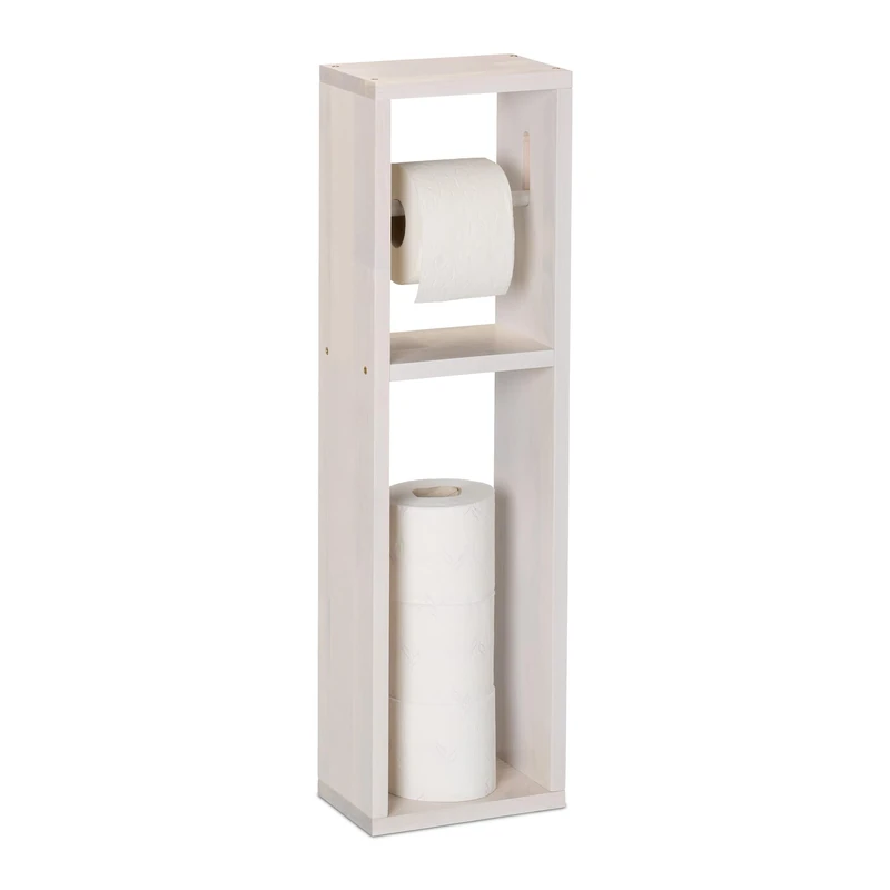 Relaxdays Toilet Paper Holder, Walnut, Wall-Mounted or Freestanding, Spare Roll Stand, HxWxD: 70 x 20 x 13 cm, White, Wood - Image 1