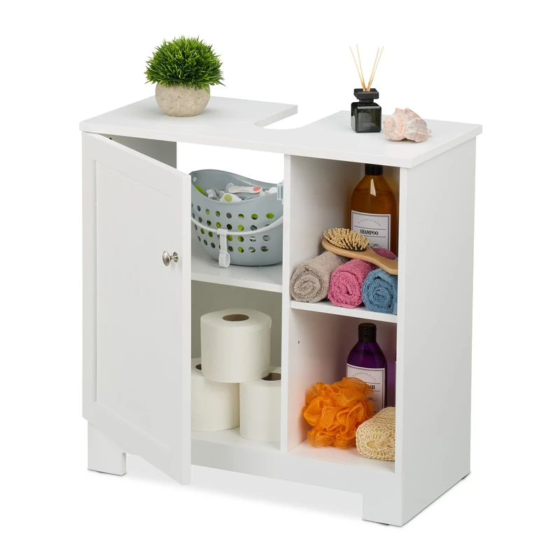 Relaxdays Sink Cabinet, Door & Shelves, 60 x 60 x 30 cm, MDF, Bathroom Storage Unit, Washbasin Cupboard, White, Fibreboard - Image 1