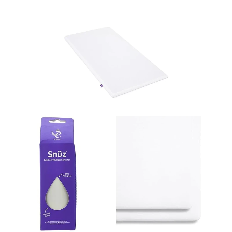 SnuzPod 3 Baby Crib Mattress Bundle – 44 x 80cm Premium Foam Mattress With 3D Mesh Cover + Waterproof Mattress Protector + 2 Pack Crib Fitted Sheets, White