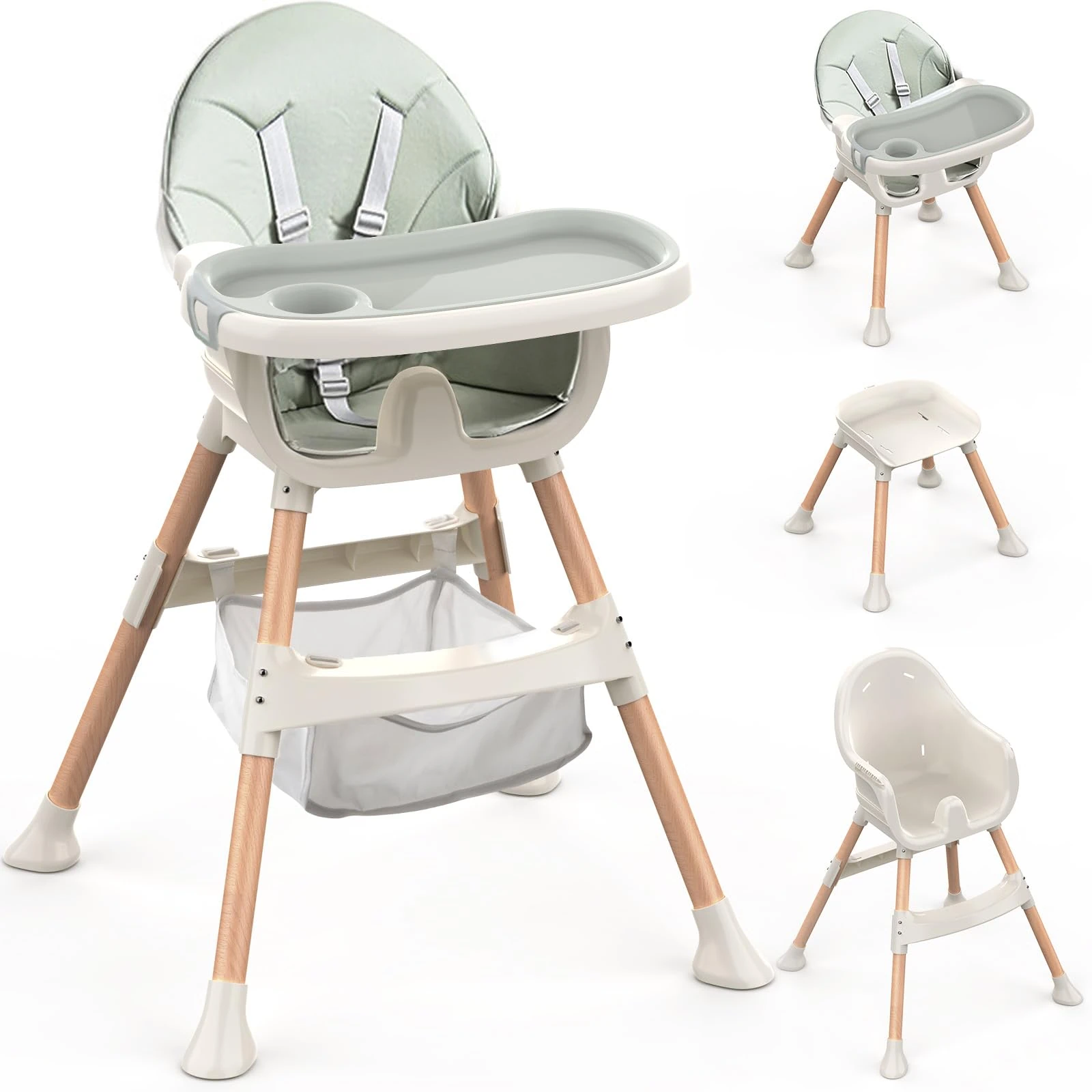 Baby High Chair, 4-in-1 Convertible Highchairs, Adjustable Height,Comfortable Toddler Chair & Table,Removable Double Tray,Ergonomic Feeding Portable for 6 Months to 5 Years,Green