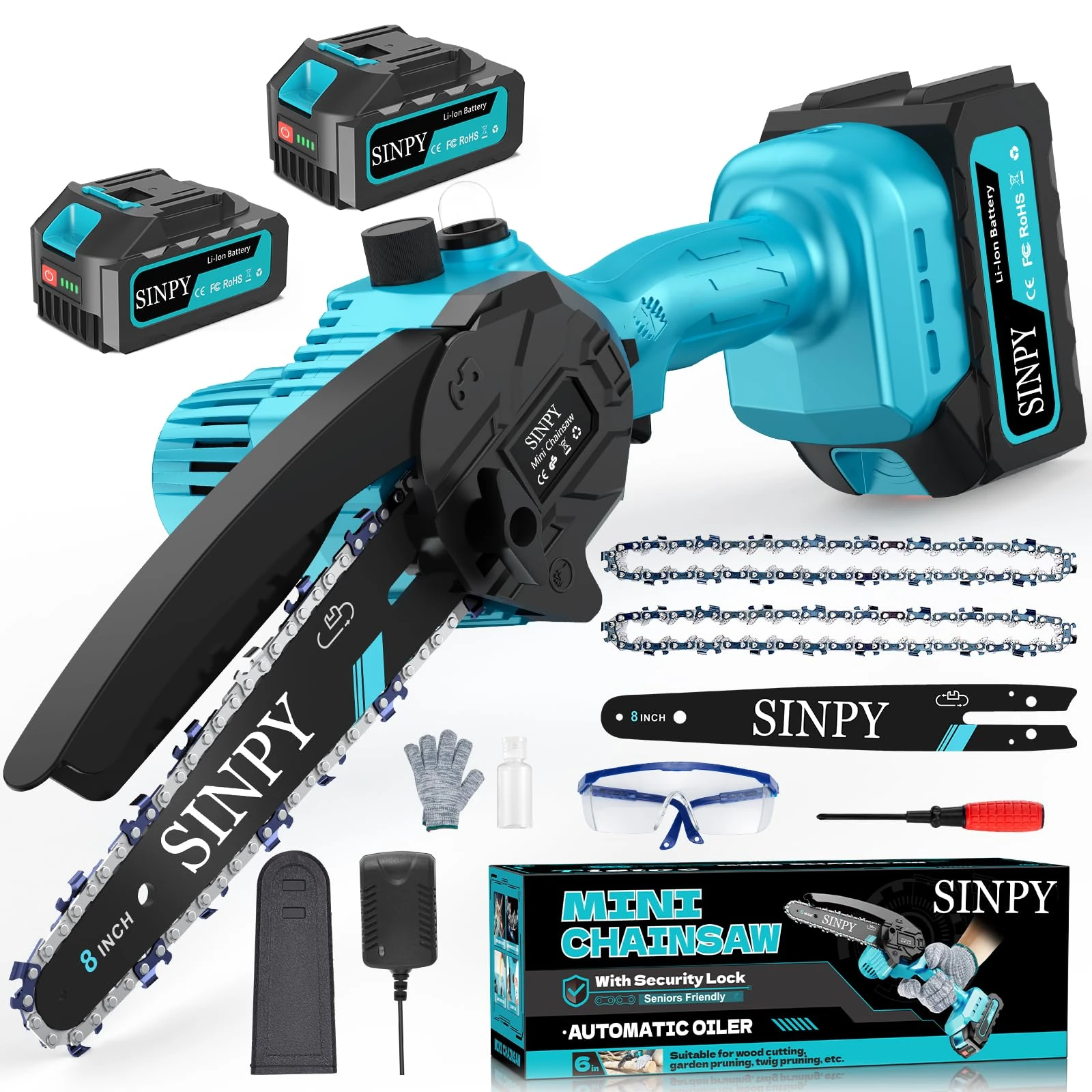 SINPY Mini Chainsaw Cordless, 8 Inch Electric Power Chain Saw with 2×4000mAh Batteries Small Chainsaw Battery Powered Handheld for Garden Courtyard Tree Trimming Cutting Gift for Men Dad Husband 2025