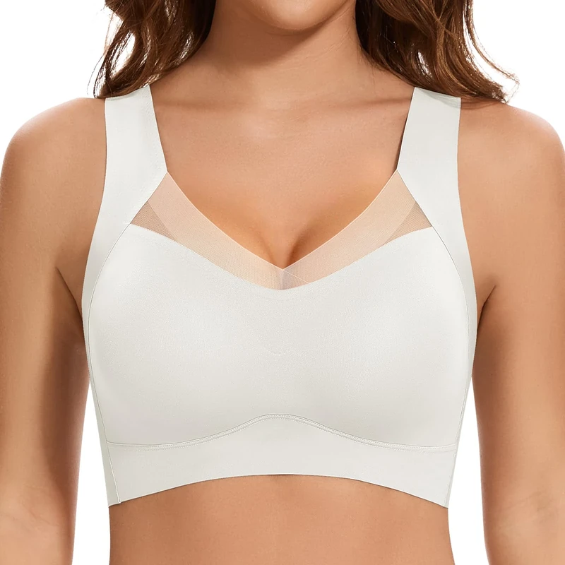 Cavotor Wireless Bras for Women Comfort Support Non Wired Sport Bra for Large Busts Seamless Padded Soft Mesh Bralettes (White,S)