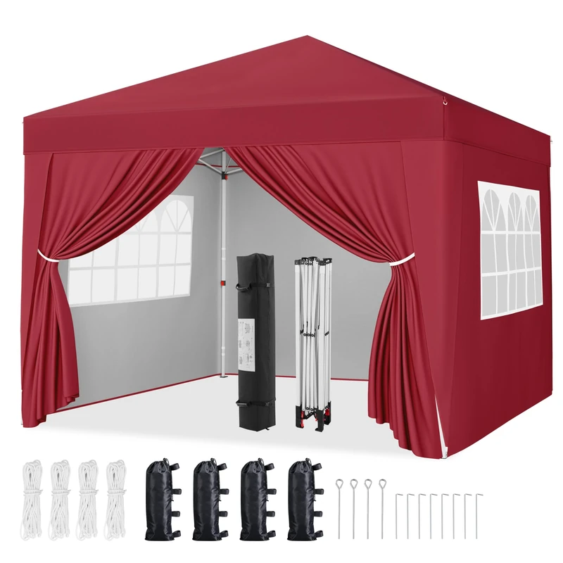 Yaheetech Pop-Up Gazebo 3x3 with 4 Removable Side Panels, Silver-costed Oxford Marquee Canopy with Wheeled Bag & Sandbags, Metal Frame Shelter Tent for Outdoor Garden Party Camping, Red
