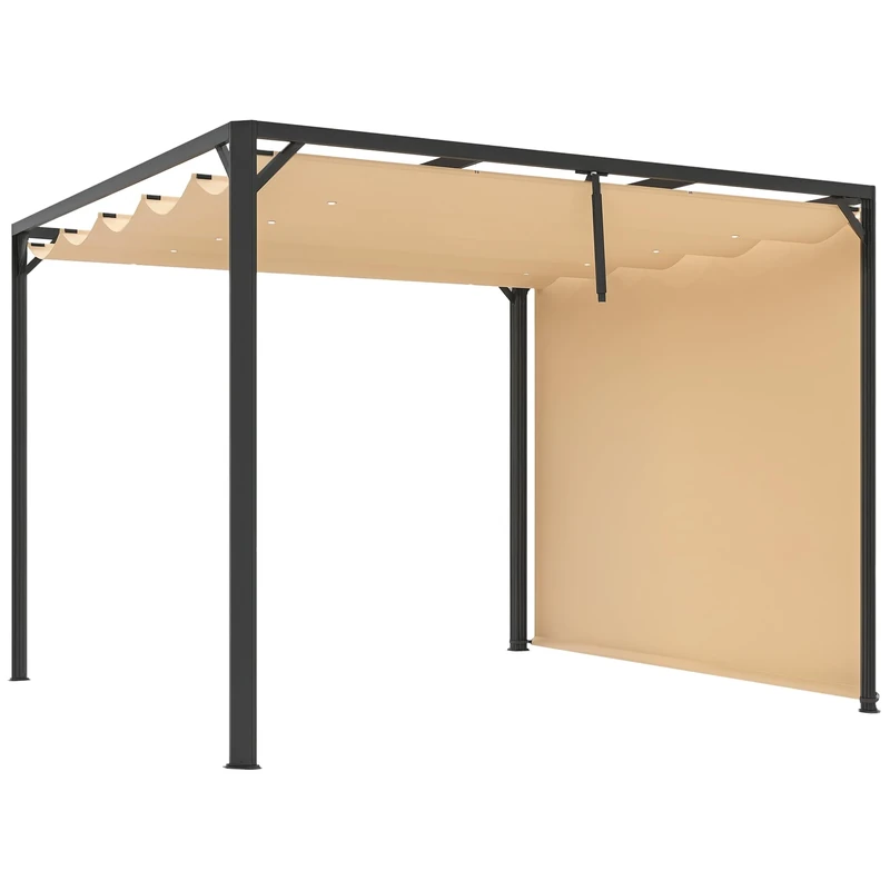 Outsunny 3 x 3(m) Garden Pergola with Retractable Roof Canopy, Aluminium Pergola Kit Gazebo with Roller Shade, UPF30+ Sun Shade Shelter for Porch, Khaki