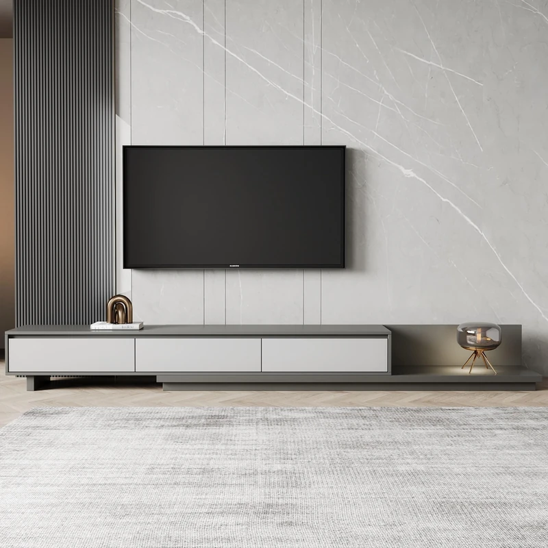 TV Cabinet with 3 Drawers – Extendable TV Unit Adjustable from 200cm to 330cm, Grey TV Stand for Living Room (grey)