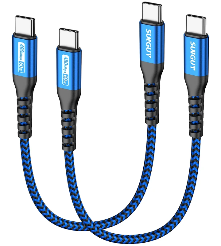 SUNGUY USB C to USB C 1FT [2Pack], 60W USB C Cable PD Fast Charge USB 2.0 Type C Charger Cord for iPhone 16/15 Pro Max Plus, Galaxy S25/S24/S23, iPad Pro/Air, HUAWEI, Google Pixel-Blue