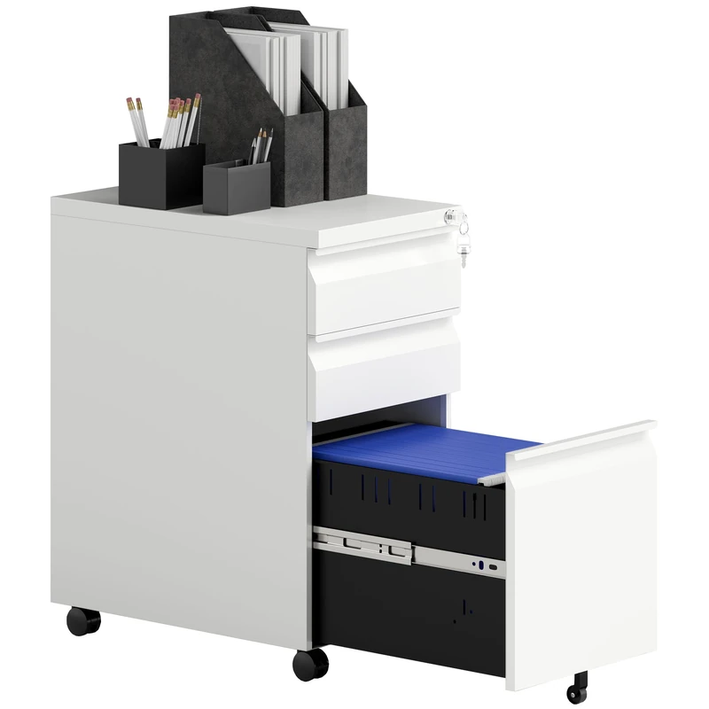 Vinsetto 3-Drawer Filing Cabinet with Lock, Mobile Steel File Cabinet for A4, Legal and Letter Size, Under Desk Drawers with Pre-Assembled Body for Home Office, 30 x 43.5 x 60 cm, White