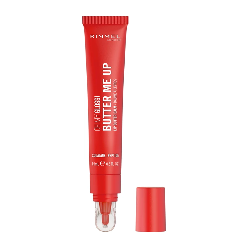 Rimmel Oh My Gloss! Butter Me Up, 004 Red Velvet, Moisturising Lip Butter Balm, Glossy and Sheer Tint, Ultra-Hydrating, Enriched with Squalene and Peptides, Lip-Hugging Applicator, Vegan, 15ml