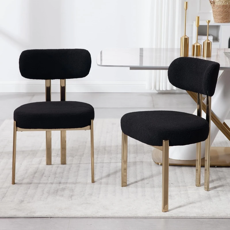 Ya-Home Modern Dining Chairs Set of 2 Faux Fur Upholstered Kitchen Side Chairs with Gold Metal Legs for Dining Room Restaurant, Black