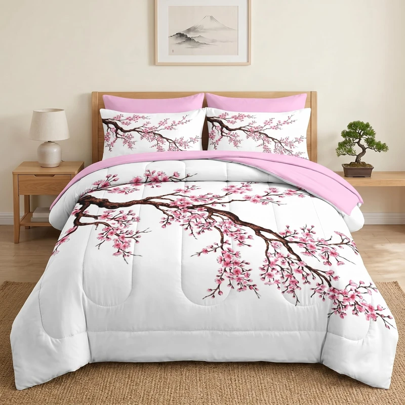 Pamnest Comforter Set Full Size, Japanese Cherry Blossom 7 Pcs Bedding for Kids and Adults, Flower Painting Pink Bed Sheet Sets with Fitted Sheet 2 Pillowcase & 2 Sham for Bedroom Bed Decor