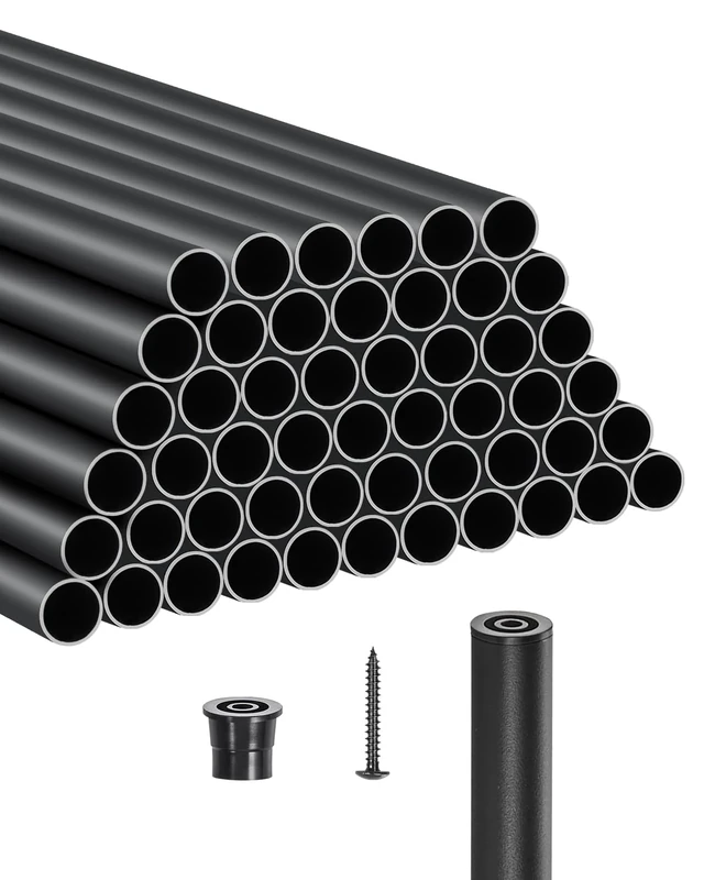 VEVOR Staircase Balusters 51 Pack, 32 In Aluminum Stair Balusters, 3/4 Inch Water-Proof Round Metal Spindle Railing, Hollow Deck Railing with Rail Caps & Screws for Stairs, Porch, Patio, Matte Black