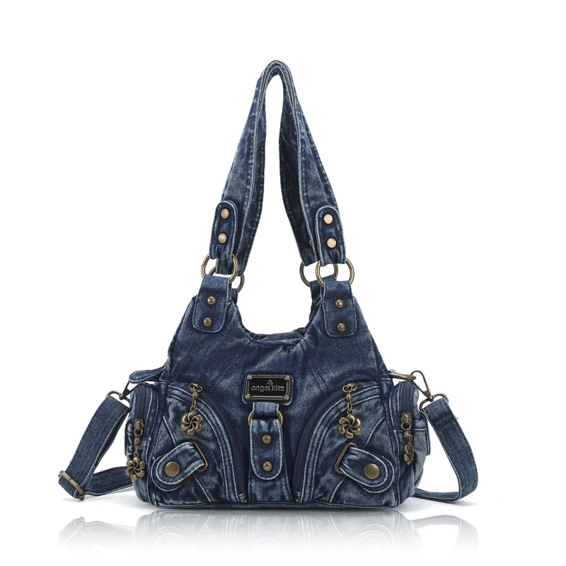 Angel Kiss Purses for Women Small Hobo Shoulder Bags Vagen Leather Multi-Pocket Tote Bag with Zipper, Denim Blue