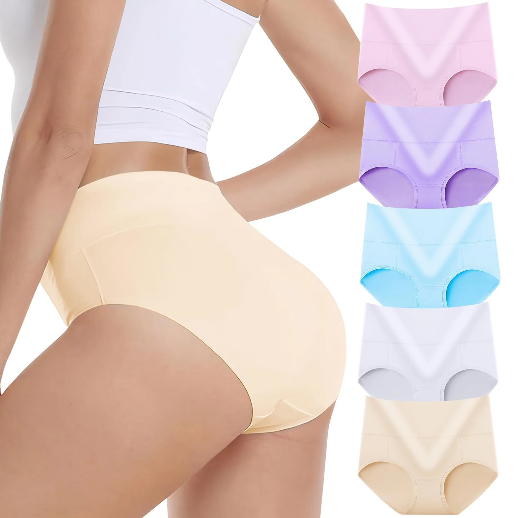 VZGZIL Underwear Women,Tummy Control Knickers Cotton Womens Pants, Soft Breathable High Waisted Knickers for Women, Stretch Ladies Pants Full Coverage Briefs Multipack of 5