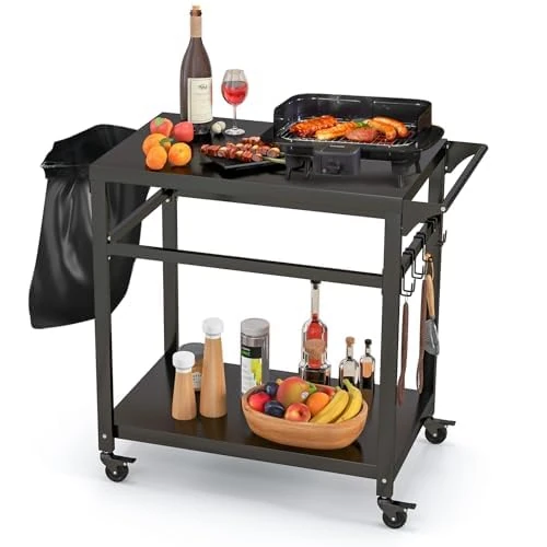 FANTASK Barbecue Trolley Outdoor Pizza Table with 2 Shelves & 4 Wheels & Hooks, Grill Side Table Serving Trolley Garden Trolley for Outdoor Use, Black