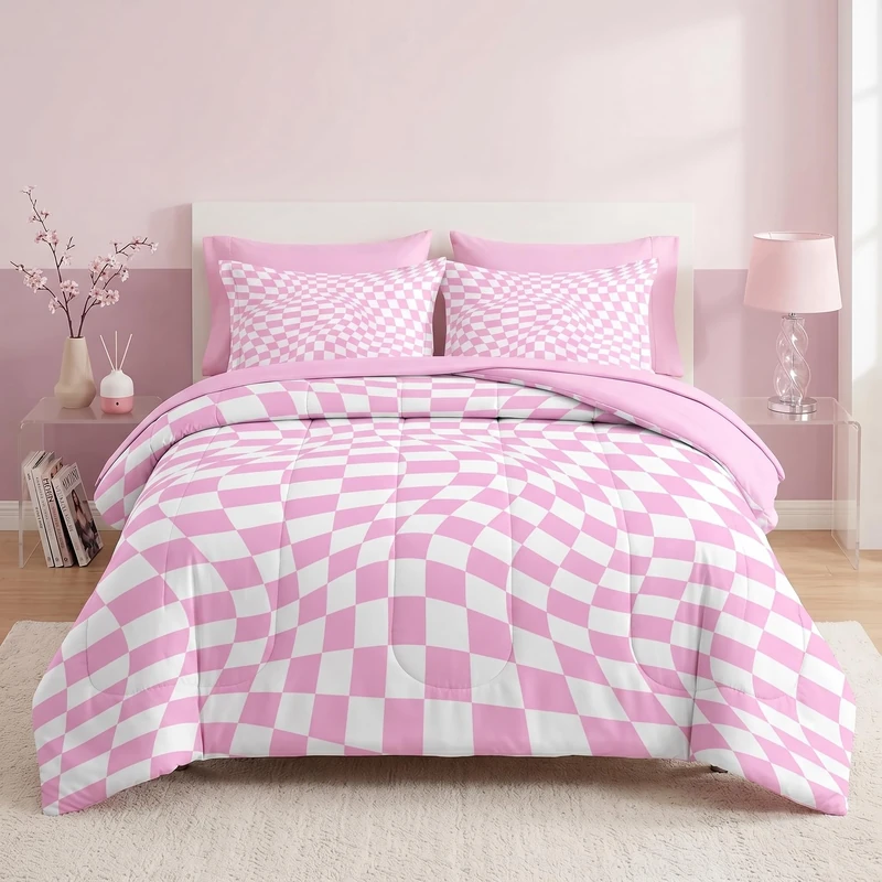 Pamnest Twin Comforter Set with Sheets, 5 Pieces Pink White Bedding