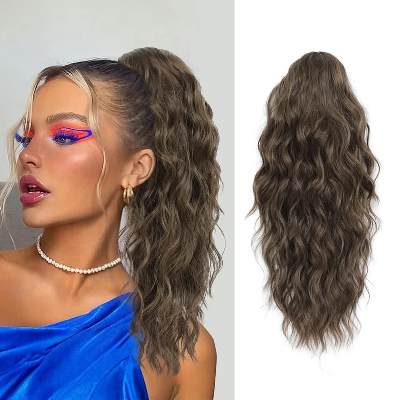 FINE PLUS Ponytail Extension, 18inch Claw Clip Ponytail Hair Extensions Synthetic Hair Pieces for Women Medium Brown