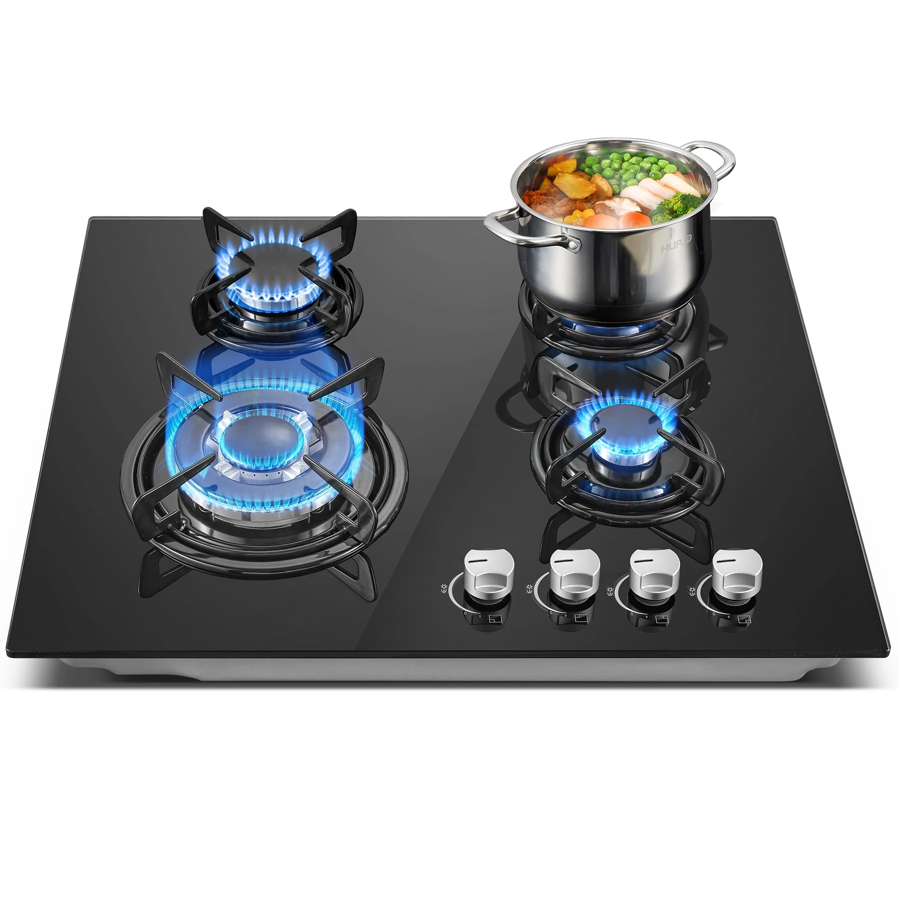 TopStrong Gas Hob 4 Burners, 60cm Black Glass Built-in Cooktop with 8060W Wok Burner & Thermocouple Protection, Natural Gas & LPG Compatible