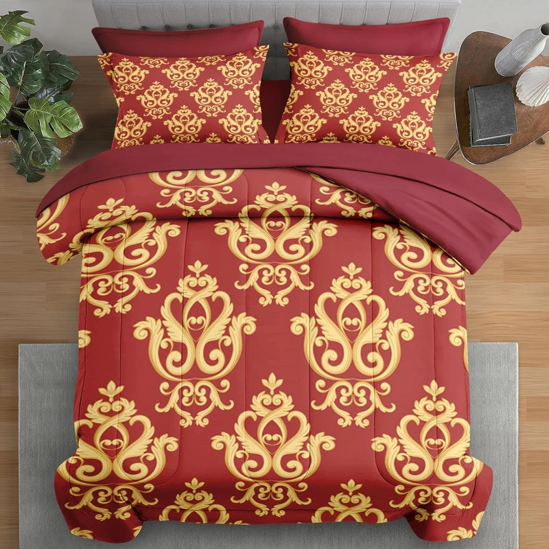Pamnest Comforter Set King Size, Vintage Floral Gold 7 Pcs Bedding for Kids and Adults, Medieval Burgundy Red Bed Sheet Sets with Fitted Sheet 2 Pillowcase & 2 Sham for Bedroom Bed Decor