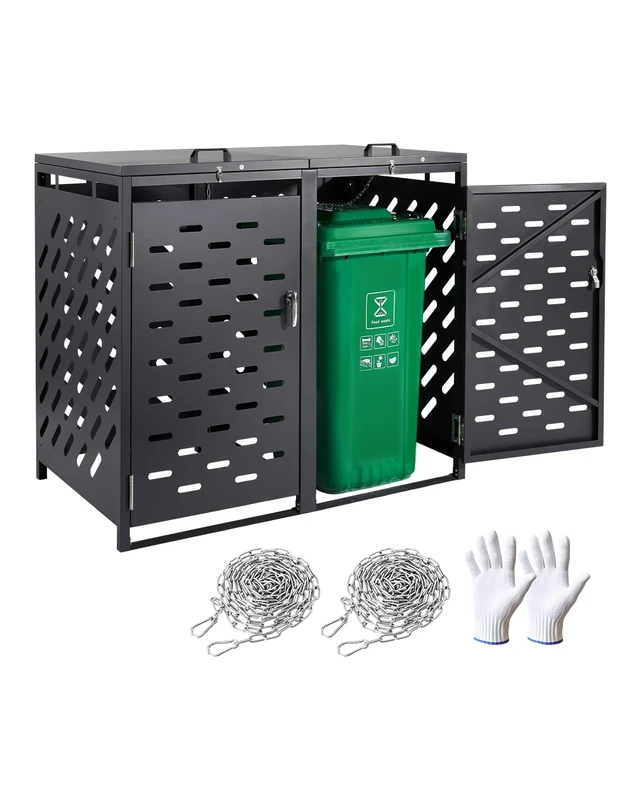 VEVOR Trash Can Storage, 2 x 52.79 Gal Trash Bin Storage Shed Outdoor, Horizontal Waterproof Storage Cabinet with Chain Lid, Lockable Garbage Can Storage Shed, for Trash Can, Garden, Backyard & Patio