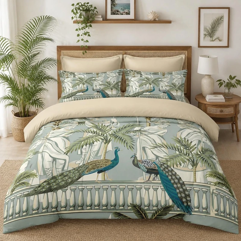 Pamnest Comforter Set Full Size, Peacock Bird Animal 7 Pcs Bedding for Kids and Adults, Floral Botanical Grey Green Bed Sheet Sets with Fitted Sheet 2 Pillowcase & 2 Sham for Bedroom Bed Decor