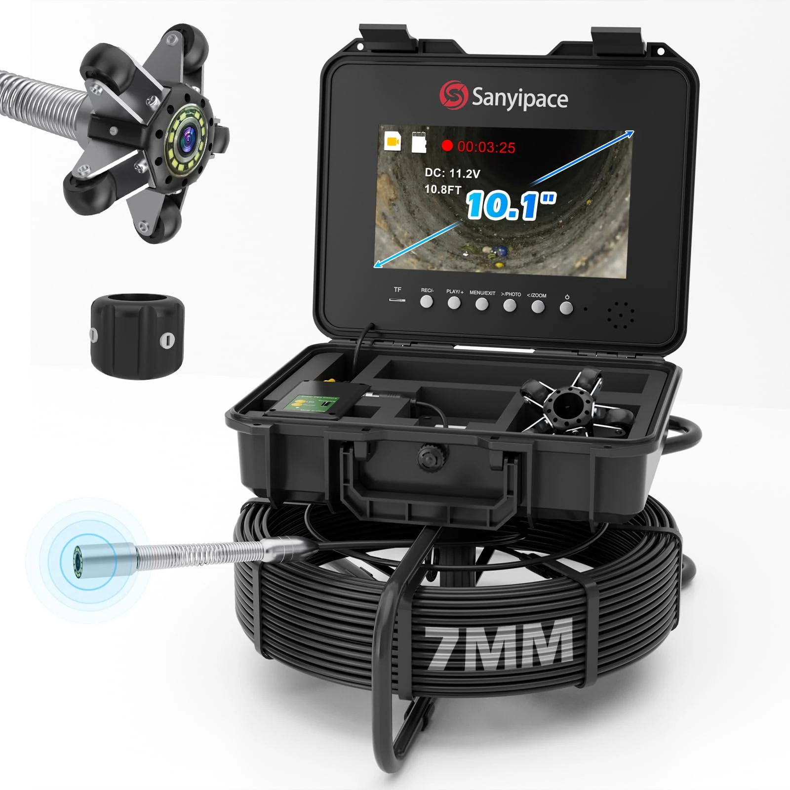Drain Pipe Camera 30M, Sanyipace Sewer Inspection Camera with 512Hz Transmitter, Self-leveling and Distance Counter, 10.1" HD Screen Industrial Endoscope, IP68 Waterproof, 7mm Cable, 32GB TF Card