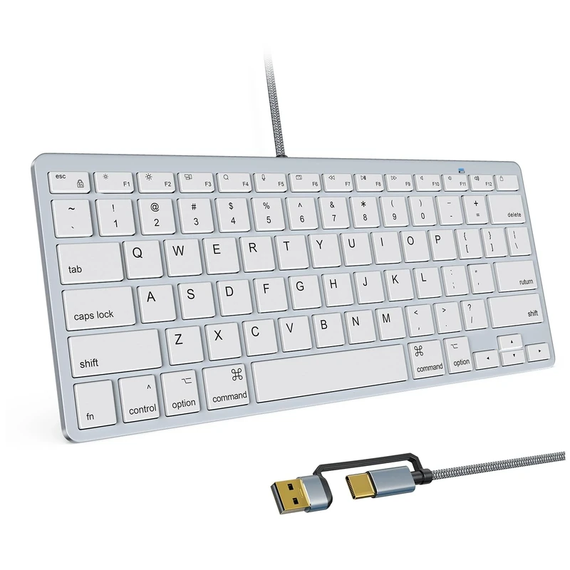 SSS·GRGB 78 Key Compact Wired Keyboard for Mac, USB A/USB C Plug-N-Play, Ultra-Slim USB Mini Keyboard -75% Layout Compatible with Apple MacBook, iMac, Mac mini/Pro, Laptop Computers, PC, Silvery White