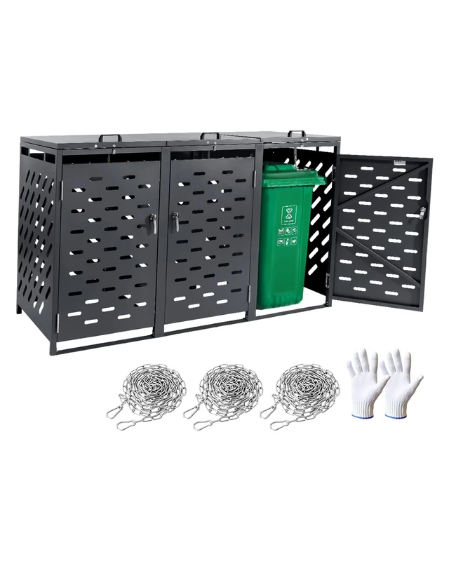 VEVOR Trash Can Storage, 3 x 52.79 Gal Trash Bin Storage Shed Outdoor, Horizontal Waterproof Storage Cabinet with Chain Lid, Lockable Garbage Can Storage Shed, for Trash Can, Garden, Backyard & Patio