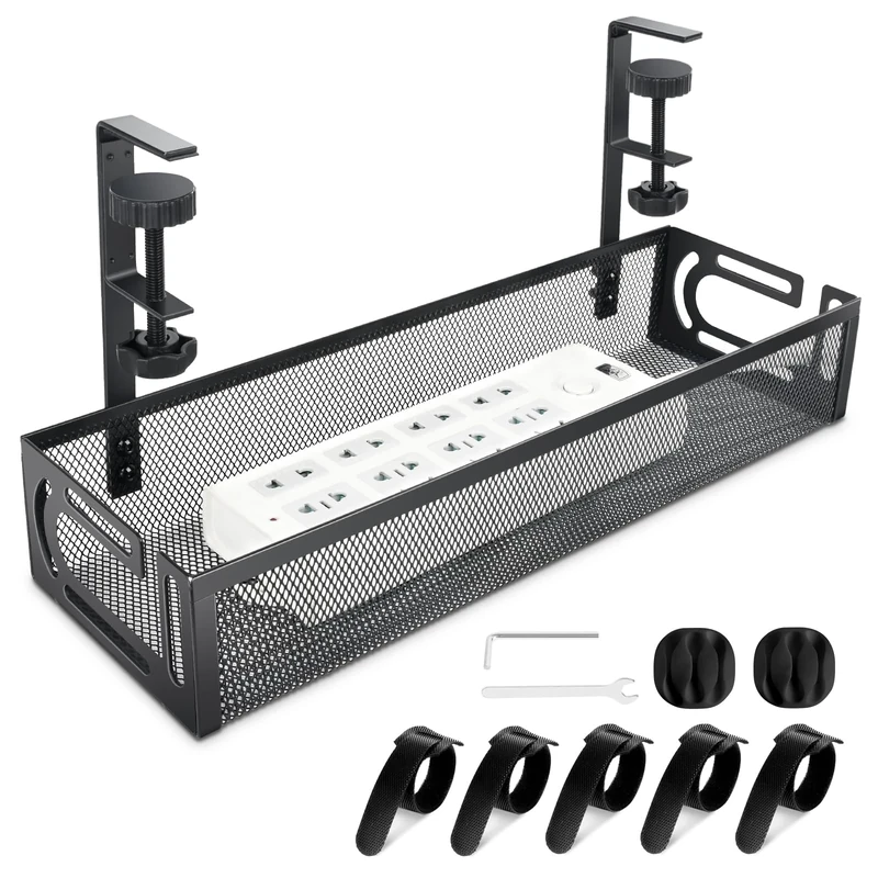 SEGNAYEN No-Drill Under Desk Cable Tray - Mesh Organizer, Black