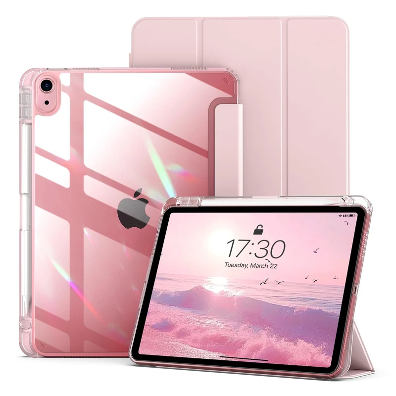 ZKTUYU for iPad (A16) 11th Generation Case 11 inch 2025 / iPad 10th Generation 10.9 inch 2022, Transparent Clear Hard Back Tri-fold Stand Smart Case with Pencil Holder, Auto Wake/Sleep, Pink