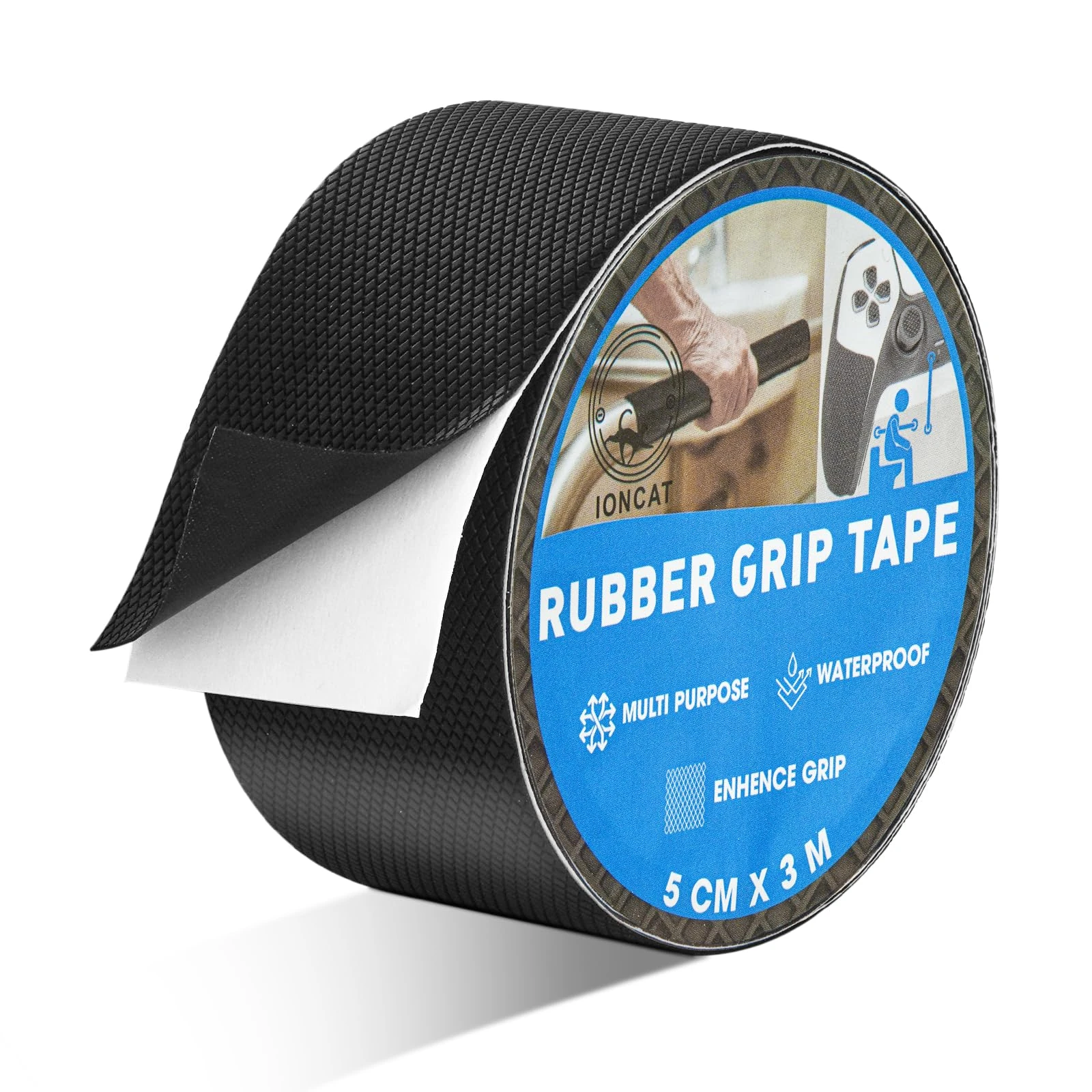 Rubber Grip Tape Non Slip, Anti Slip Rubber Tape Strong Self Adhesive, Anti-Slip Texture Enhance Friction, Comfort and Safety for Handles or Contact Surfaces, Waterproof, 5 CM x 3 M, Black