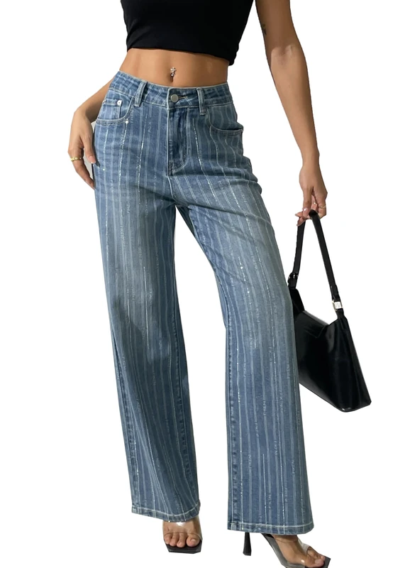 heipeiwa Women's Stripes Rhinestone Jeans High Waist Wide Leg Denim Pants Sparkle Shiny Sequin Trouser, Blue Light, S
