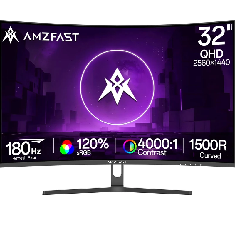 Amzfast 32-inch Curved Gaming Monitor, 2K QHD 180Hz, 2560x1440p Fast VA, 1500R, 1ms MPRT, Adaptive Sync, 3500:1 Contrast, HDR, 120% sRGB, VESA 75x75mm, HDMI 2.0&DP 1.2 - AMZG32C3Q